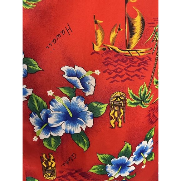 Vintage Hawaiian Muumuu Dress Red Tiki Ship Size 16 Polyester Lightweight - Picture 3 of 11